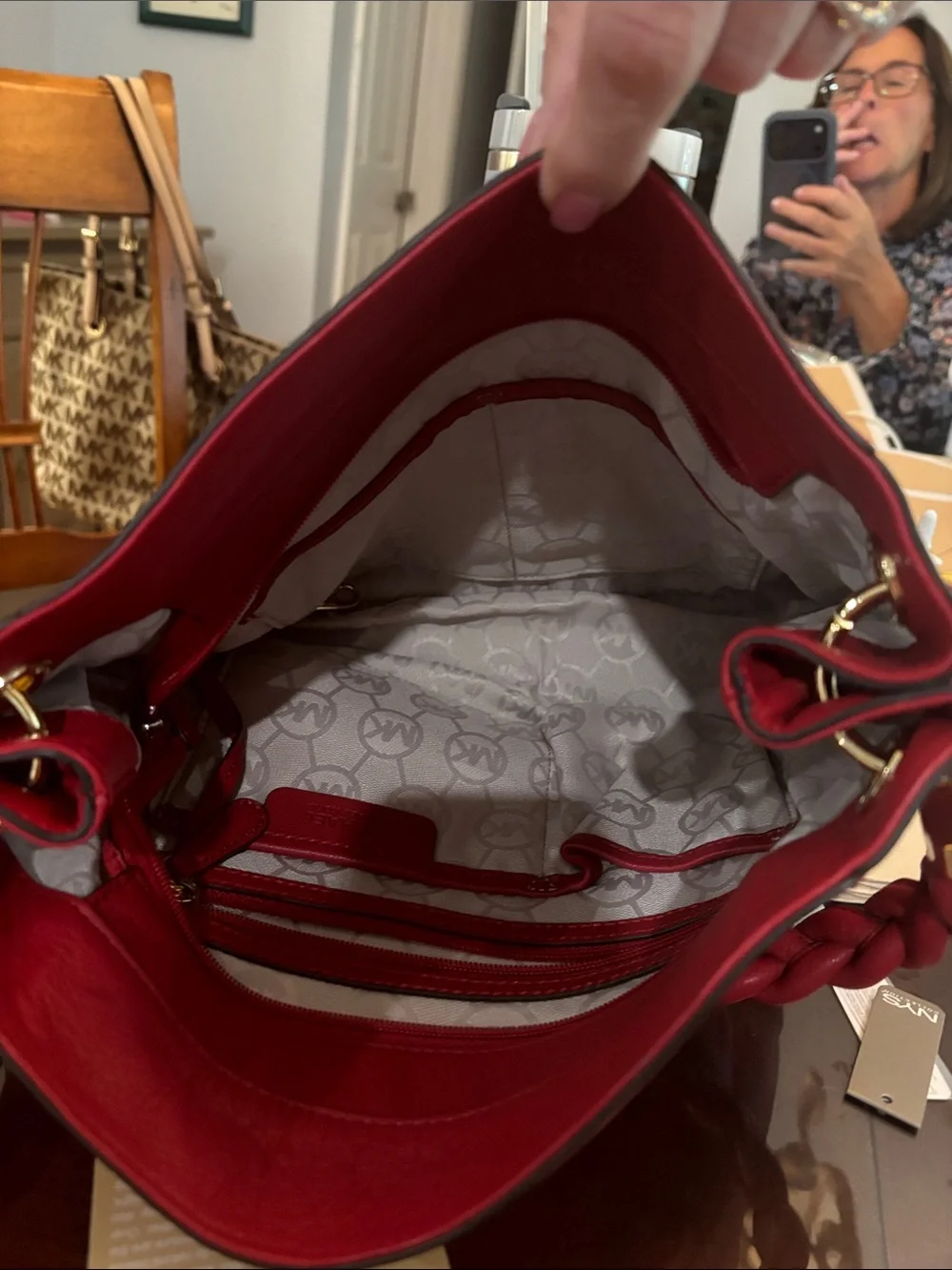 Michael Kors Braided-Handle Red Leather Shoulder Bag with MK Charm